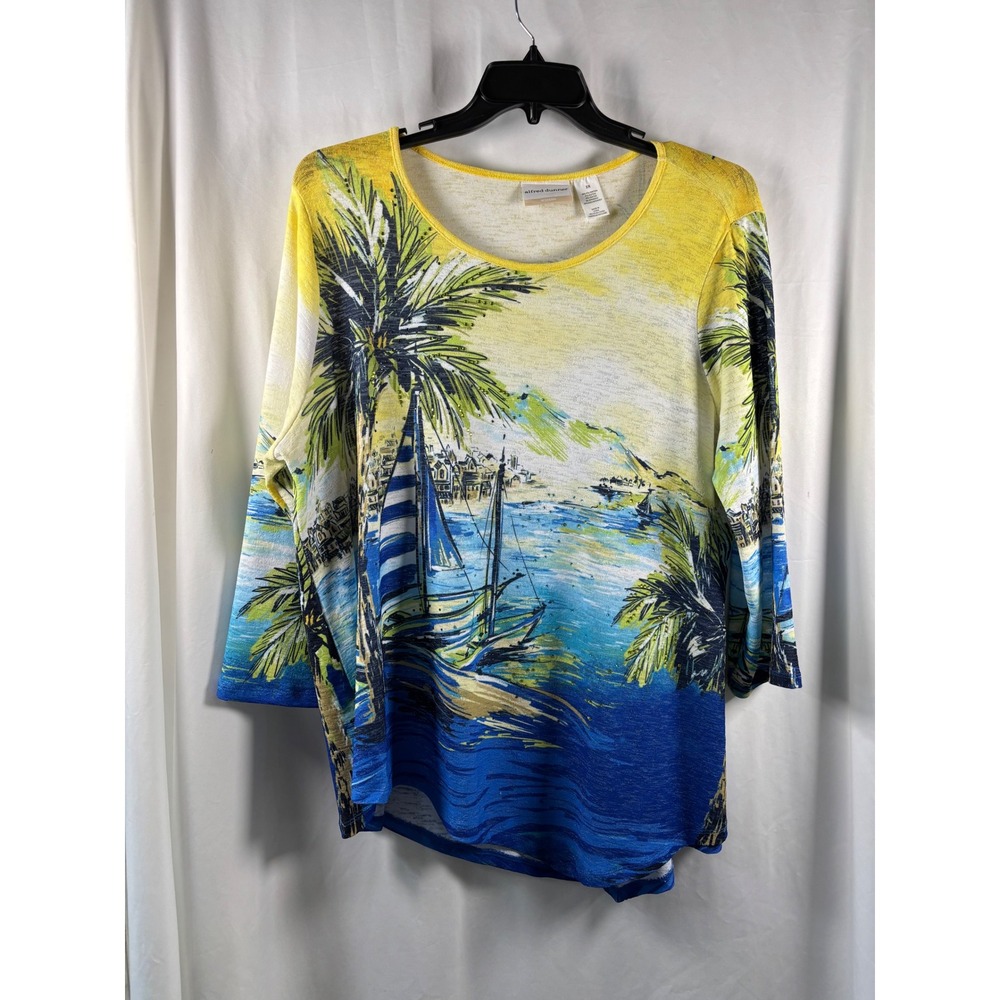 Alfred Dunner Woman 2X Tropical Scenic Sailboat Rhinestone 3/4 Sleeve Top Blue